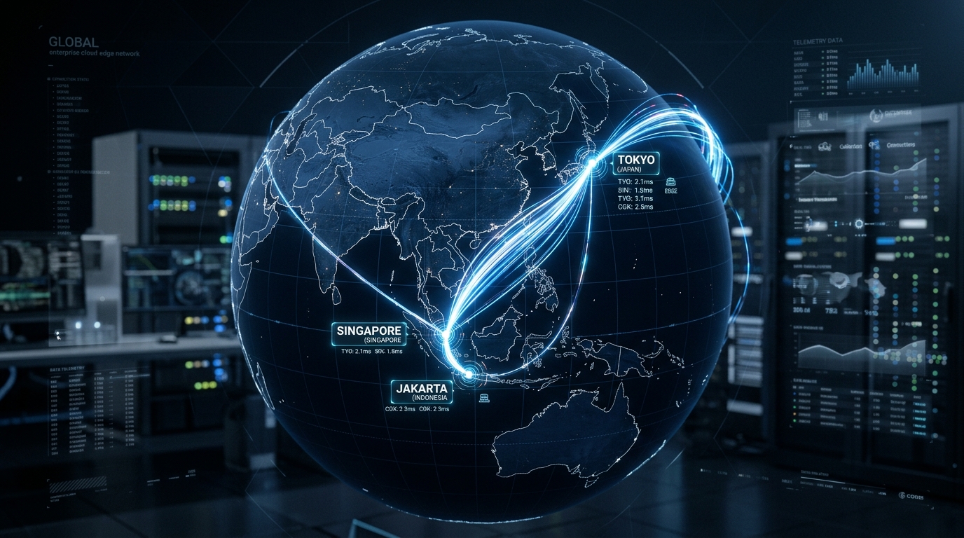 Peta visualisasi jaringan transmisi global Anycast BRO138 yang menghubungkan Tokyo, Singapura, dan Jakarta