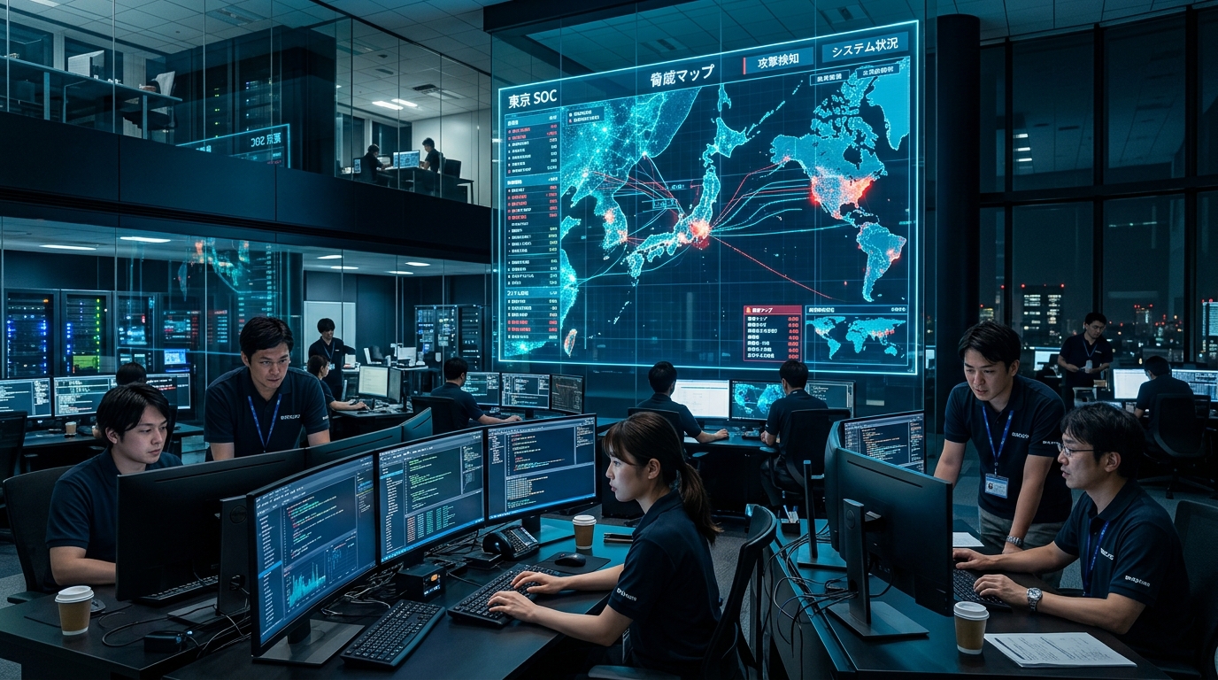 Pusat Operasi Keamanan Siber 24/7 Tokyo SOC milik BRO138 JAPAN dengan analis pertahanan siber