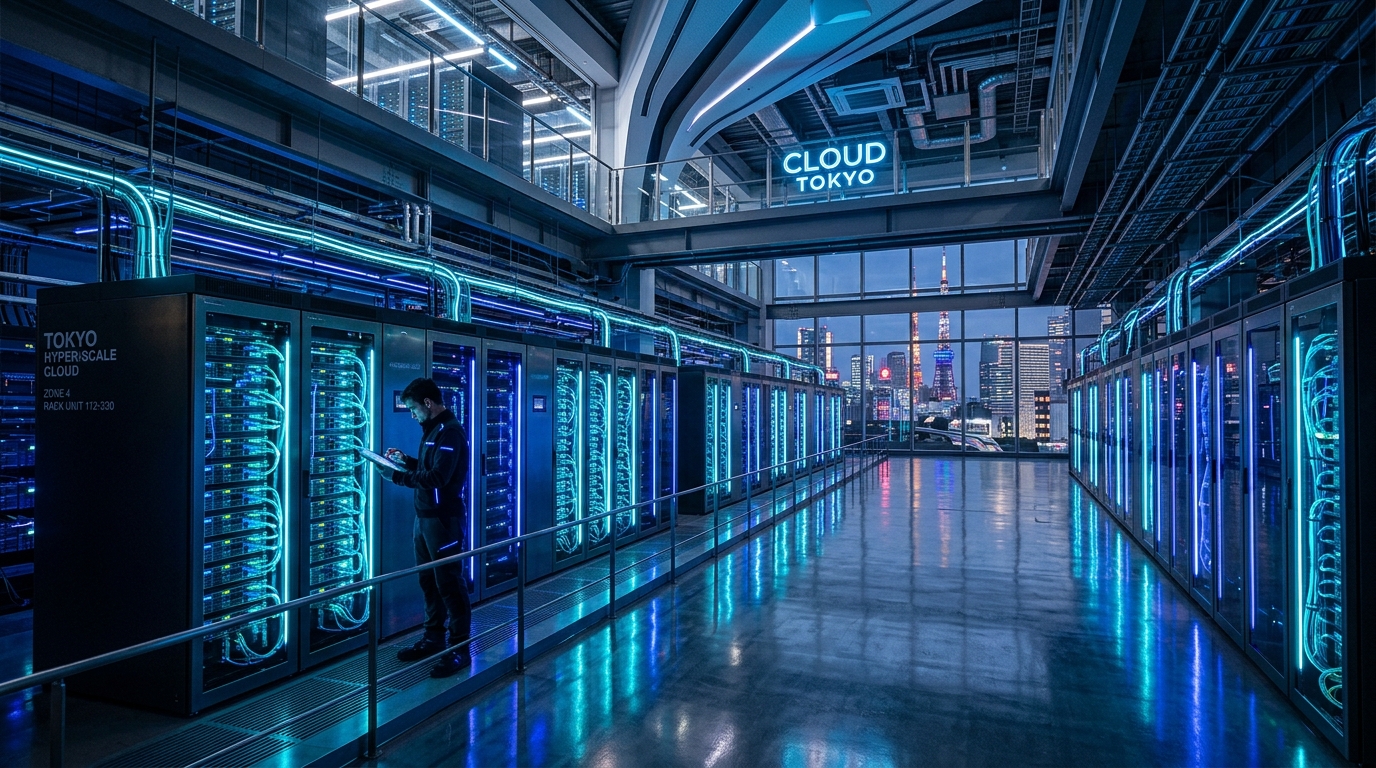 Fasilitas Hyper-Scale Cloud Data Center Tokyo TY1 milik BRO138 JAPAN dengan pemandangan Tokyo Tower
